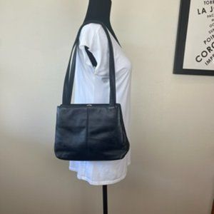 Giani Bernini Black Double Strap Leather Handbag, Gold Trim Shoulder Bag